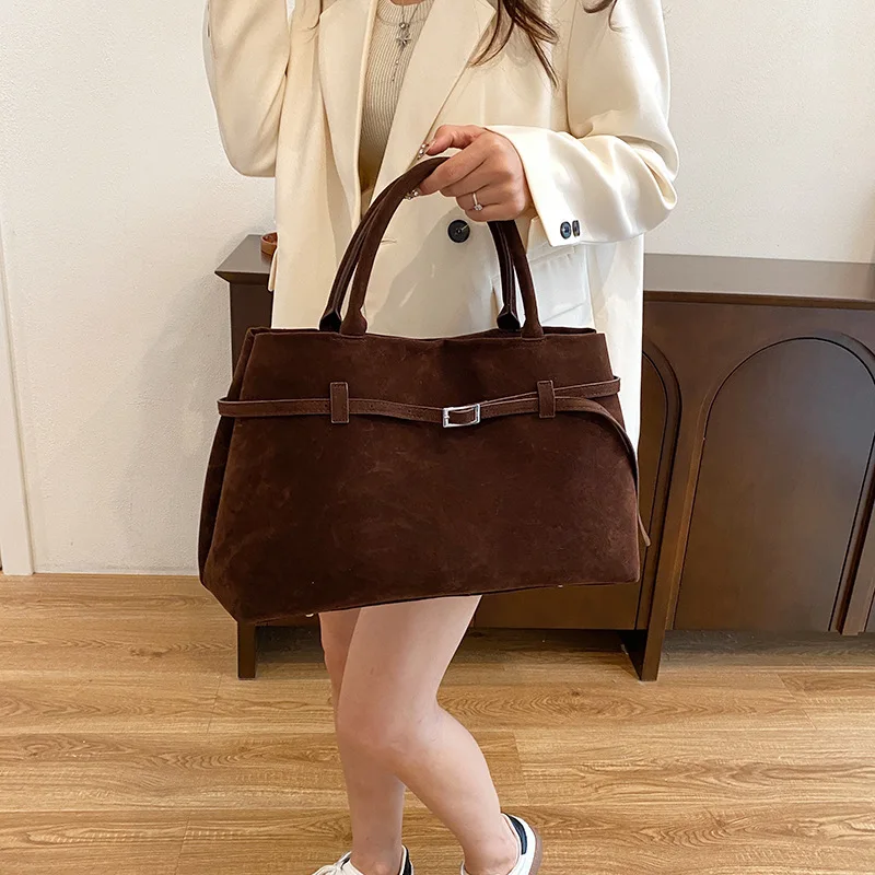 Women's Suede Retro Tote Bag, Elegant Coffee-Colored Faux Suede Handbag, Versatile Shoulder Bag for Commuting and Casual Use - Image 2